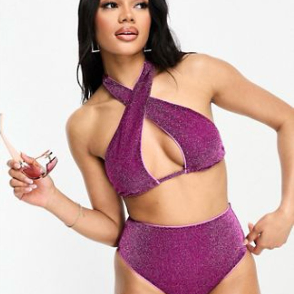 ASOS Design Glitter Cross Neck Halter Bikini Top in Pink/Purple